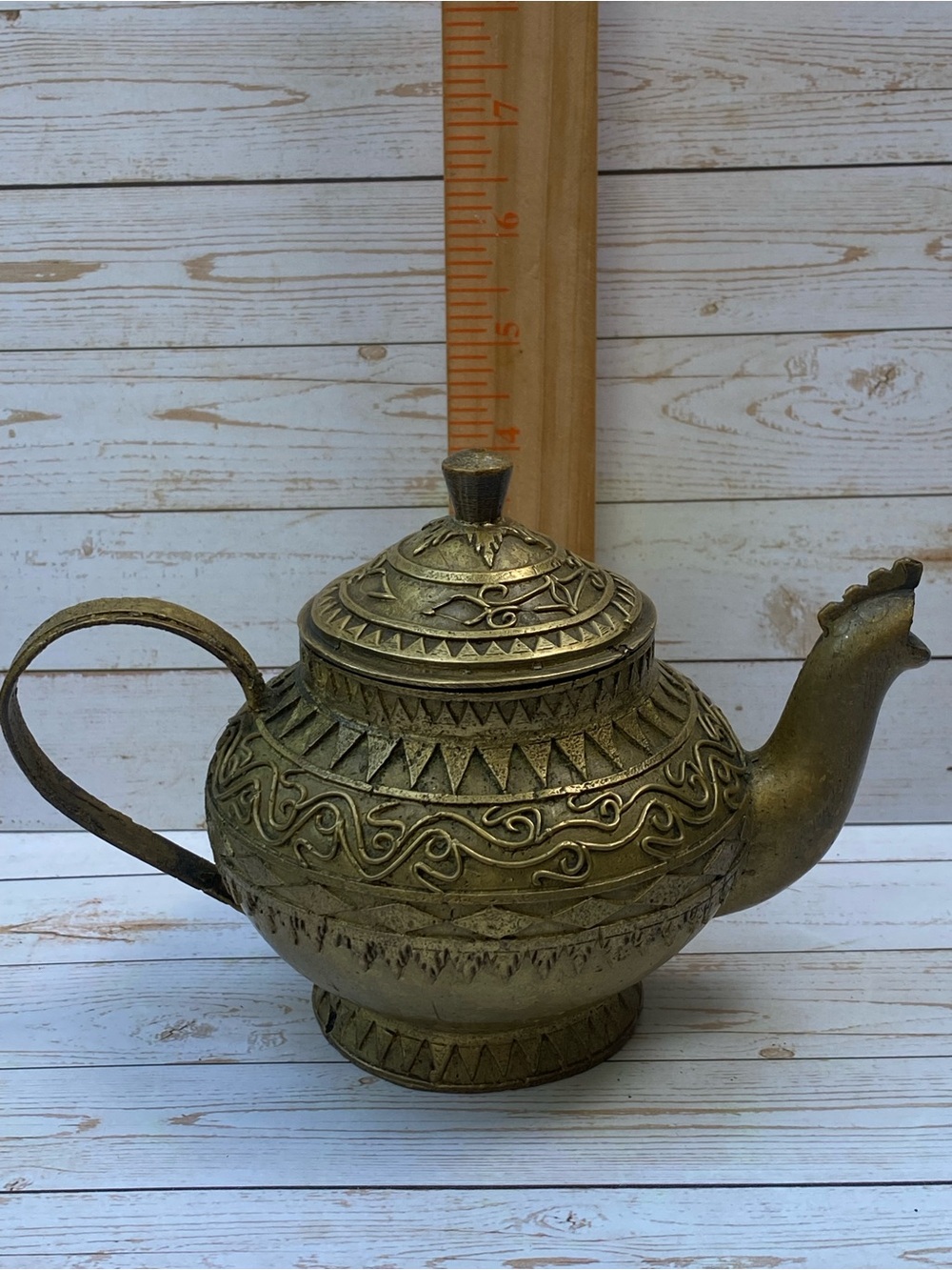 Vintage Brass Teapot with Ornate Etching
